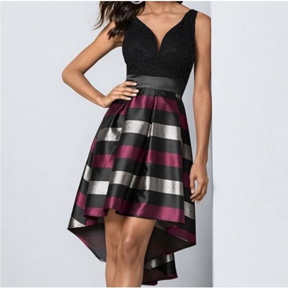 VENUS Black Lace & Striped Metallic High-Low Cocktail Dress